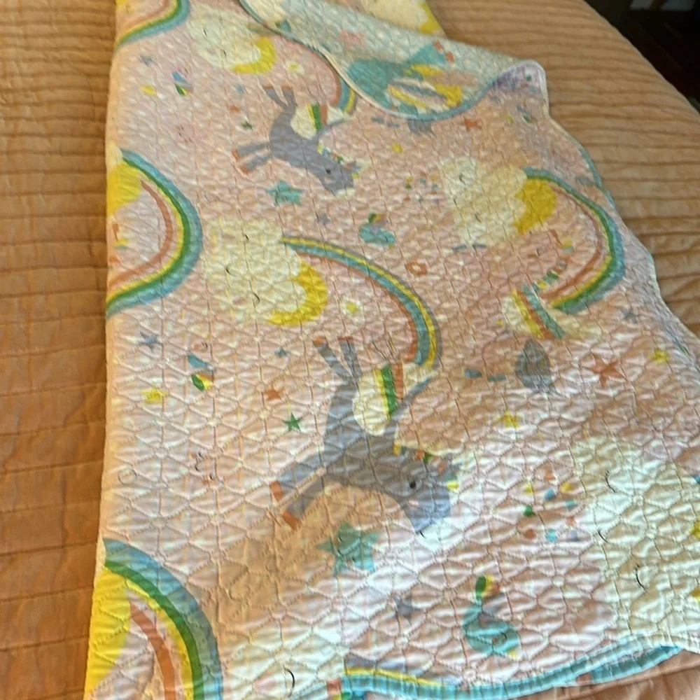 🩵🩵🩵🩵Yes I Can Twin quilt coverlet unicorn rainbows clouds blue pink w/ sham